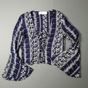 Vintage Havana Embroidered Lace-up Top with Bell Sleeves. Navy  Boho